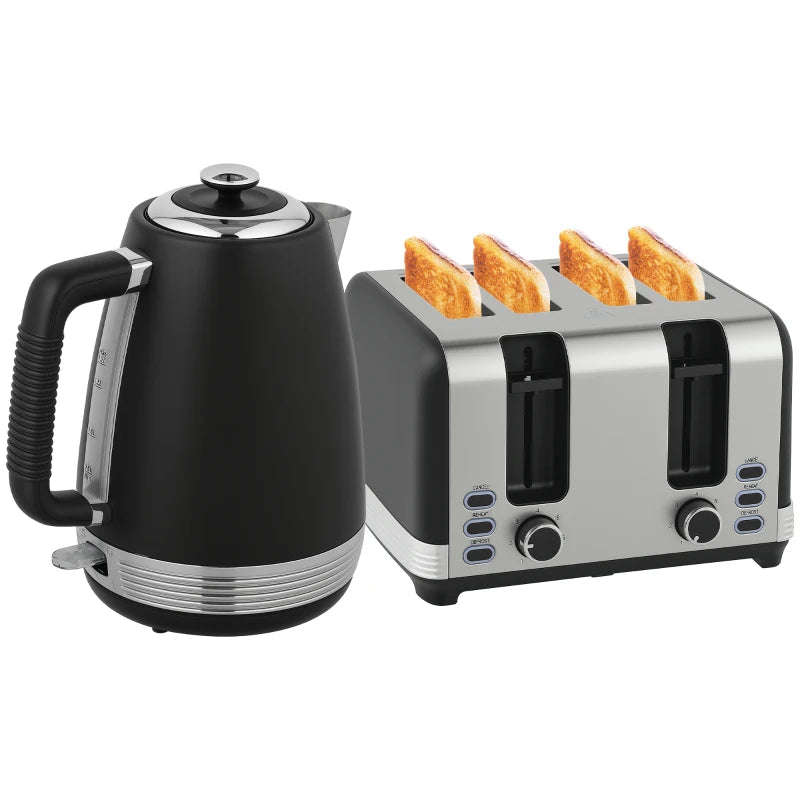 Stainless Steel Kettle & Toaster Set - 1.7L Rapid Boil Jug Kettle with Strix Thermostat & 4 Slice Toaster - Black/Silver