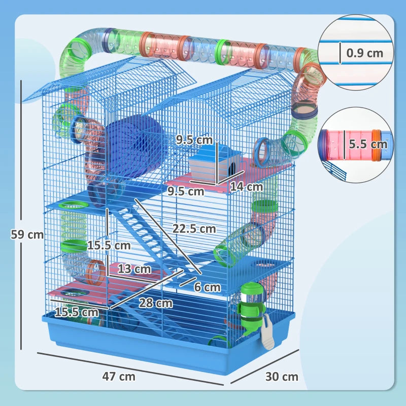 5-Tier Hamster Cage with Exercise Wheels, Tunnel Tube, Water Bottle & Dishes - Blue Habitat for Dwarf Mice
