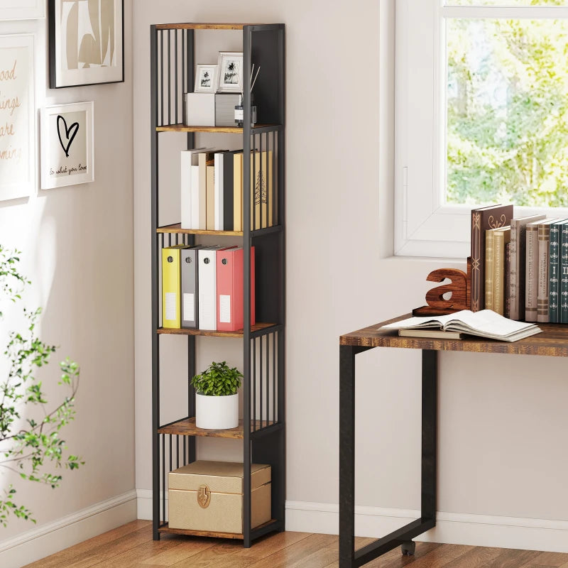Rustic Brown 5-Tier Bookshelf with Steel Frame - Industrial Style Storage Shelf for Home or Office