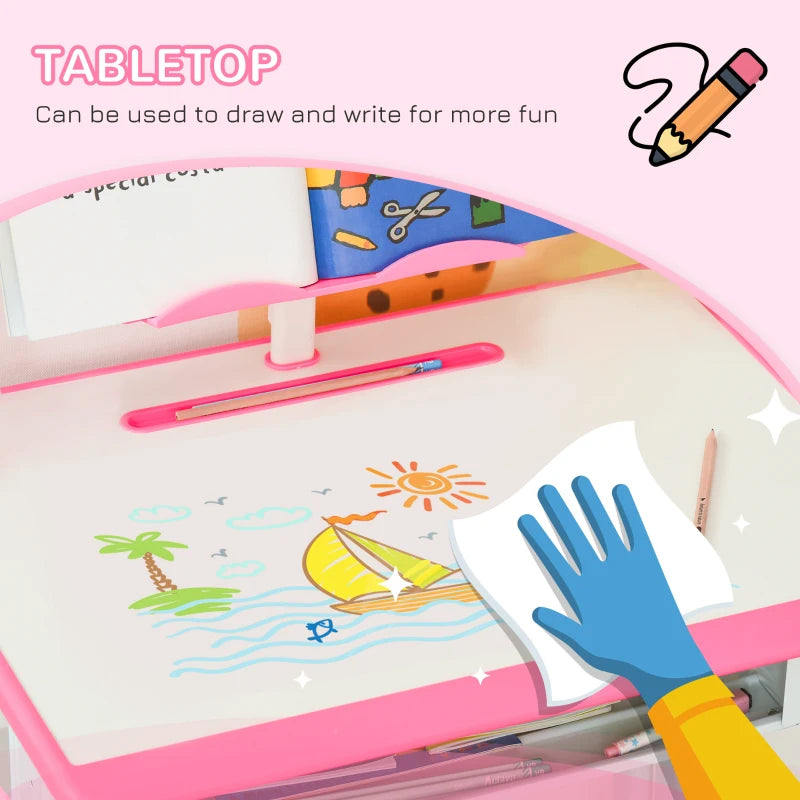 Kids Adjustable Desk and Chair Set with Book Stand and Pen Slot - Stylish Pink Study Furniture for Children
