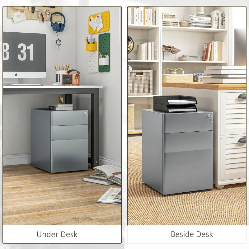 Vinsetto Lockable Rolling Filing Cabinet - 3 Drawer Steel Office Storage Unit for A4, Letter & Legal Files