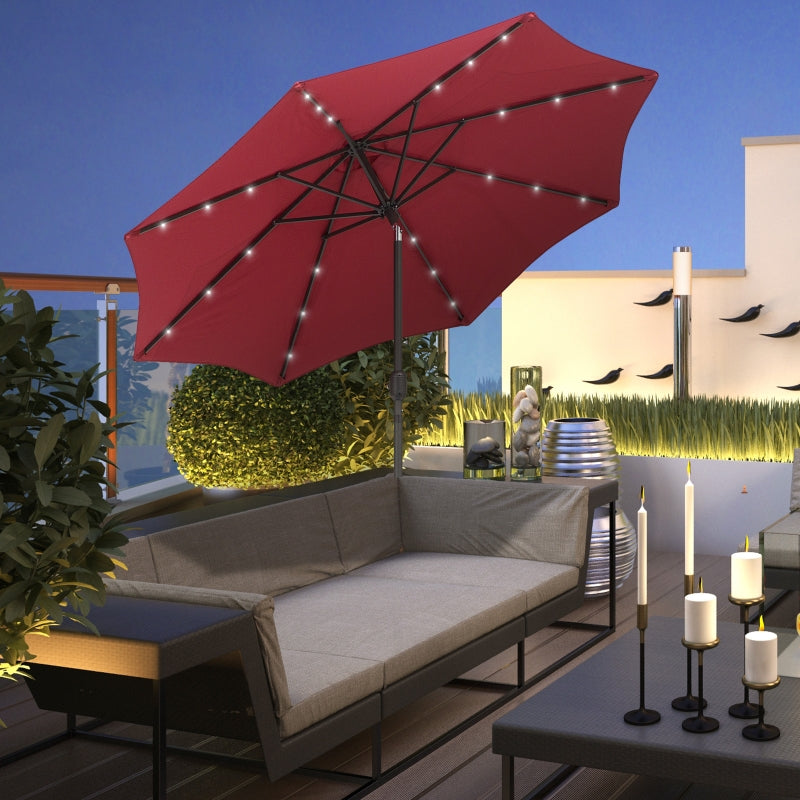 Red 2.7m Patio Garden Umbrella with Tilt Crank and LED Lights