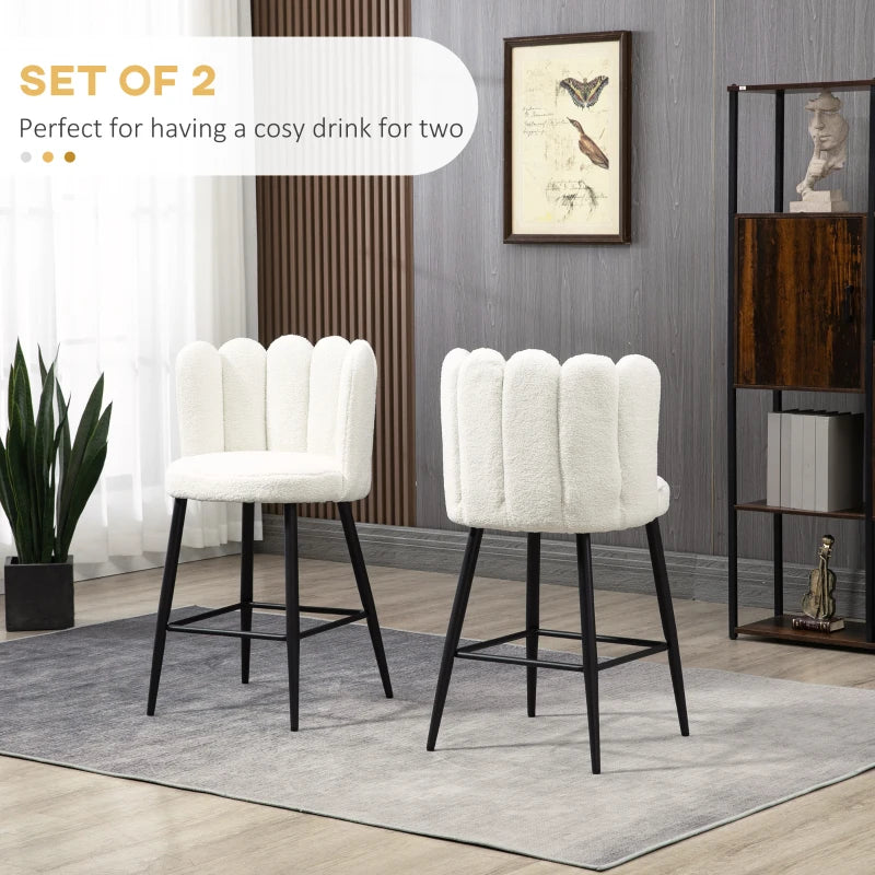 Set of 2 Modern Bar Stools - Faux Cashmere Upholstered Kitchen Chairs with Backs, Footrest & Steel Base in Cream