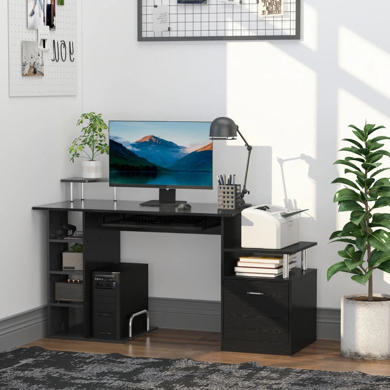 Modern Black Computer Desk with Drawer & Shelves - PC Workstation & CPU Storage Rack for Home Office - 152x60x88cm