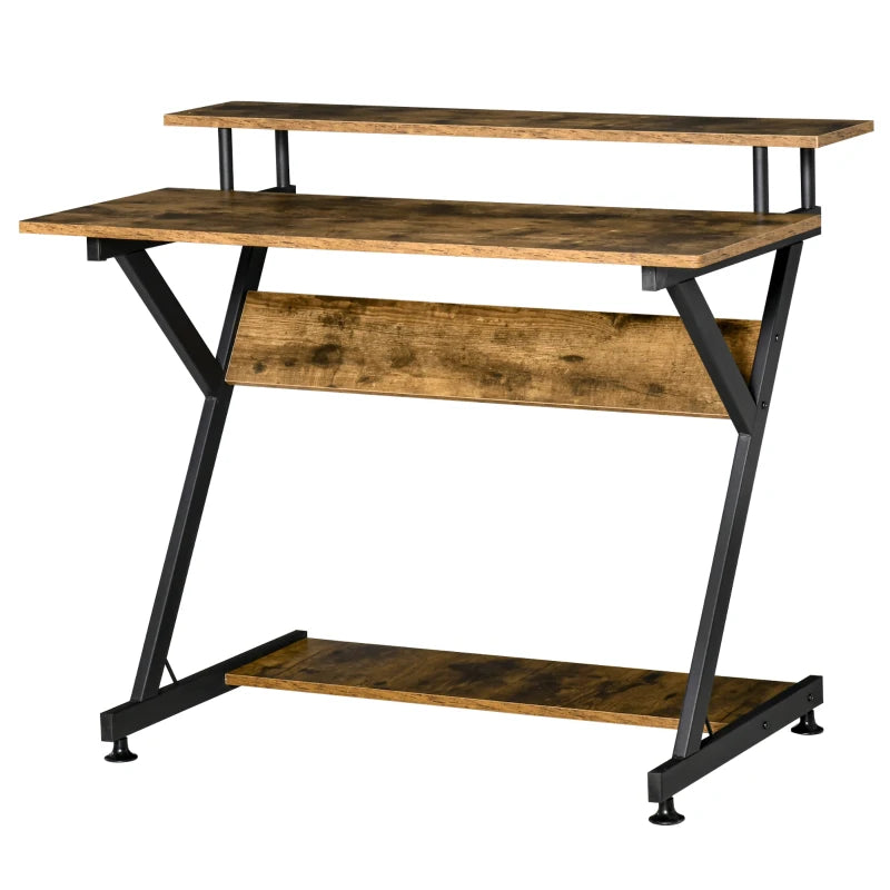Industrial Computer Desk with Monitor Stand - 100x60cm Compact Home Office Desk for Small Spaces - Rustic Brown Finish