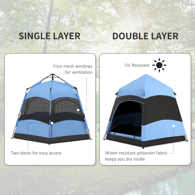 Six Person Hexagon Camping Tent with Hang Hook and Carry Bag Blue and Black