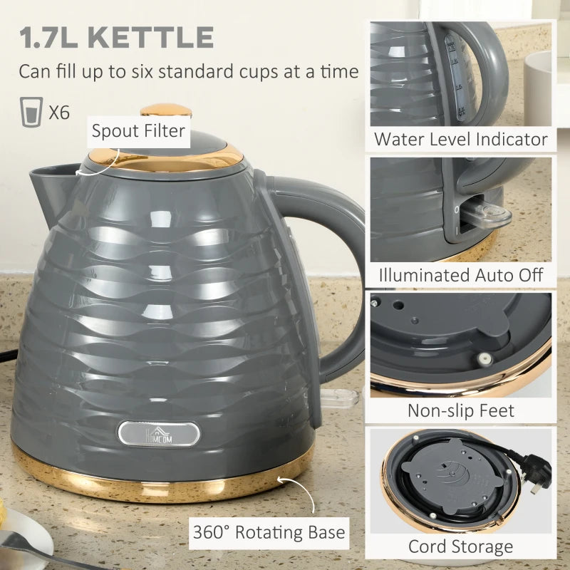 3000W Kettle & 4 Slice Toaster Set - 1.7L Rapid Boil, 7 Browning Controls, Defrost & Reheat, UK Otter Thermostat, Grey