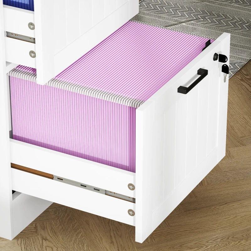 Secure 2 Drawer Filing Cabinet with Lock - Adjustable Hanging Bars for A4 Files - Stylish White Office Storage Solution