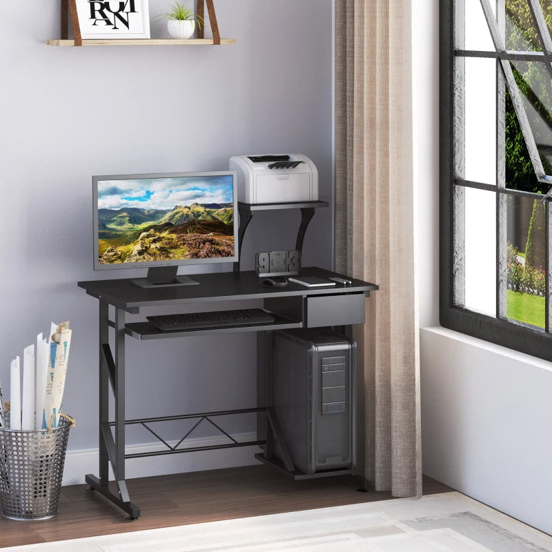 Modern Black Computer Desk with Display Stand, Sliding Keyboard Tray, and Host Box Shelf for Home Office Workstation