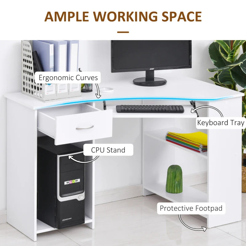 L-Shaped Corner Computer Desk with 2 Shelves, Keyboard Tray, Drawer & CPU Stand - White Home Office Furniture
