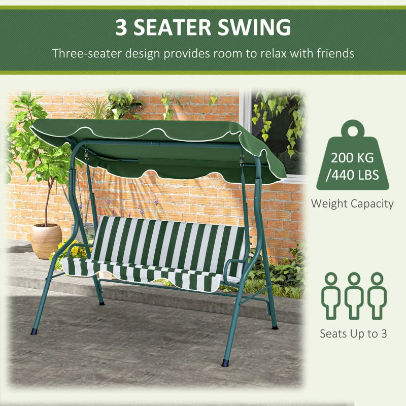 Green Striped 3-Seater Outdoor Swing Chair with Adjustable Canopy