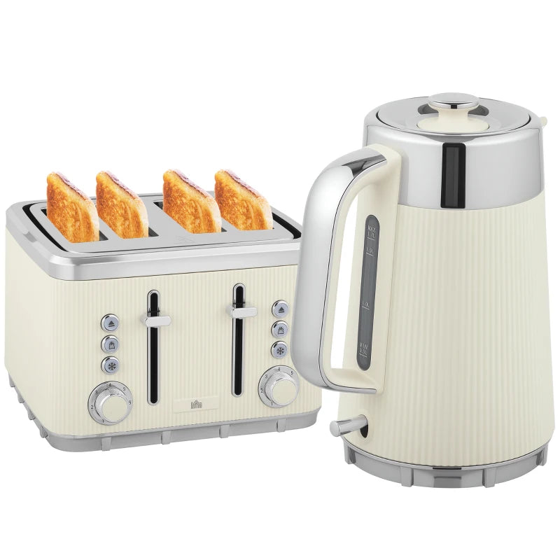 Electric Stainless Steel Kettle & Toaster Set - 3000W Fast Boil, 1.7L, UK Strix Thermostat, 4 Slice, Cream Finish