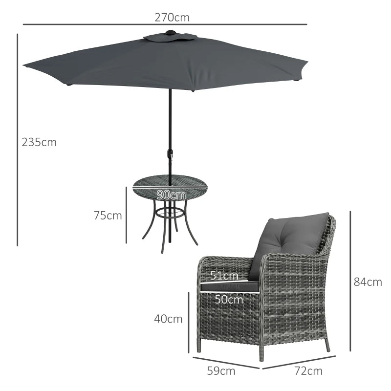 4 Seater Rattan Garden Dining Set with Umbrella and Cushions - Grey