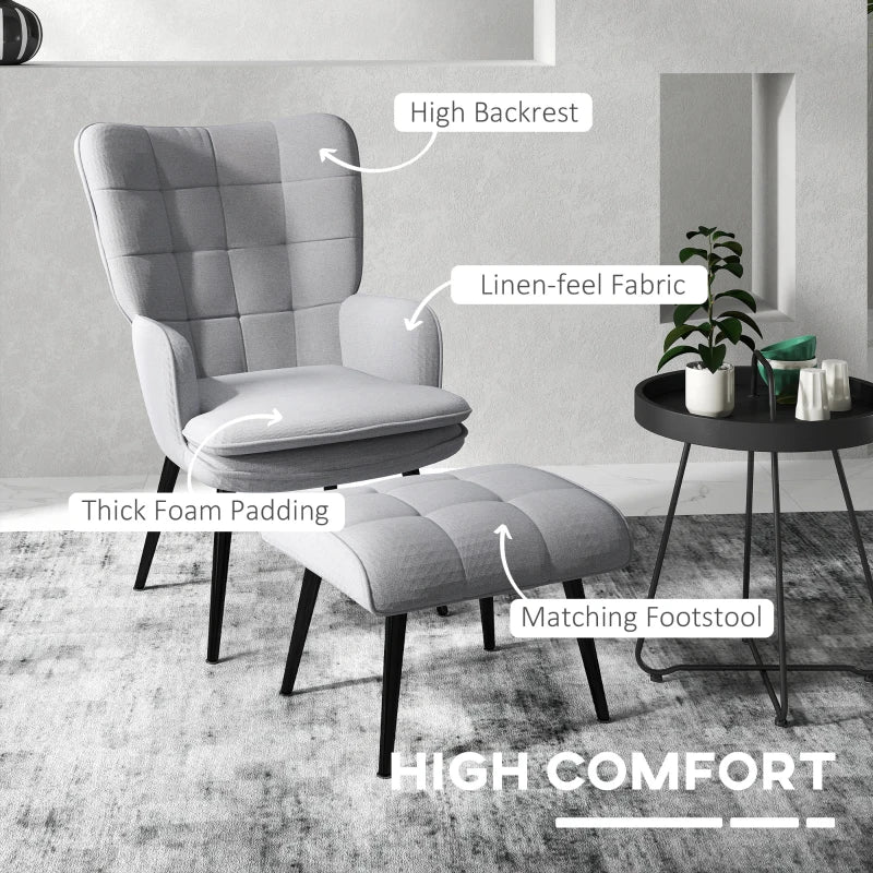 Light Grey Linen Accent Armchair with Footstool for Living Room, Bedroom, and Home Study