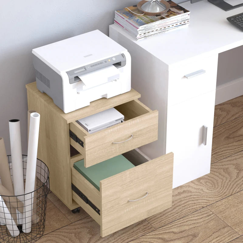 Oak Two Drawer Filing Cabinet on Wheels - Stylish and Functional Storage Solution for Home or Office