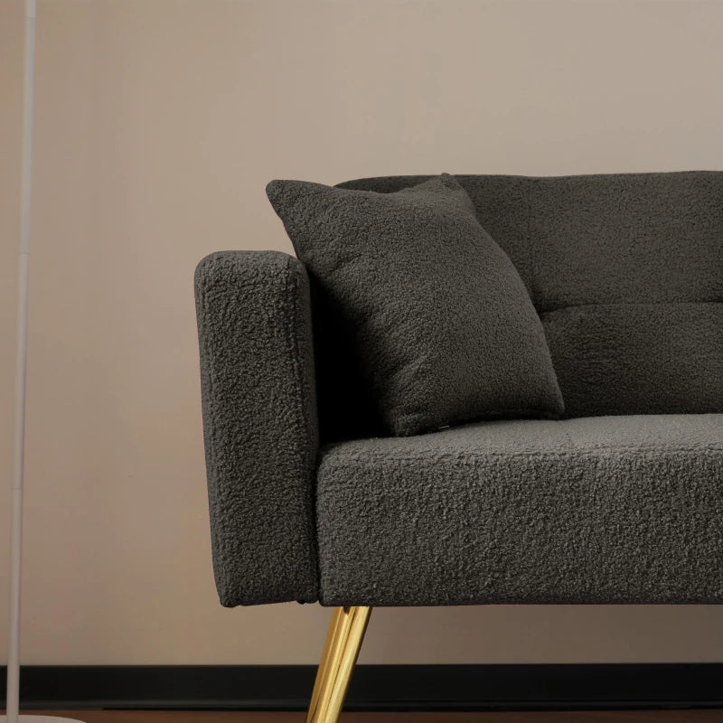 Stylish Modern Loveseat Sofa Bed with Adjustable Backrest, Gold Legs, and Side Storage Pockets in Dark Grey