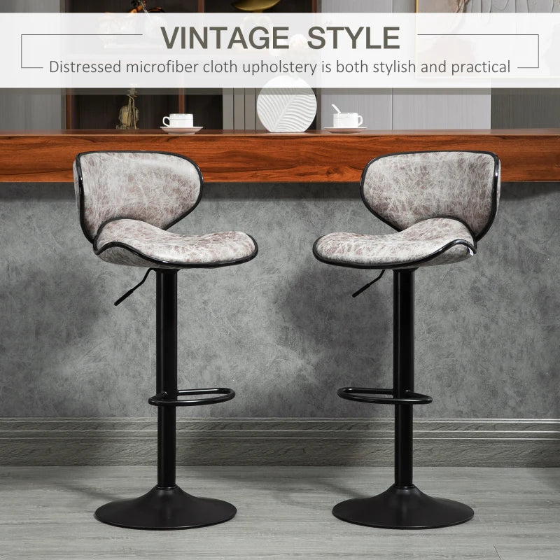 Adjustable Height Bar Stool Set of 2 - Grey Microfiber Swivel Armless Chairs for Kitchen & Dining