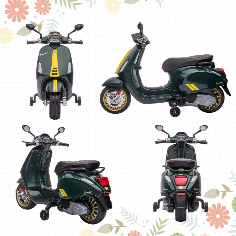 12V Licensed Kids Electric Vespa Motorbike with Music Headlights FM Radio for Ages 3-6 Green