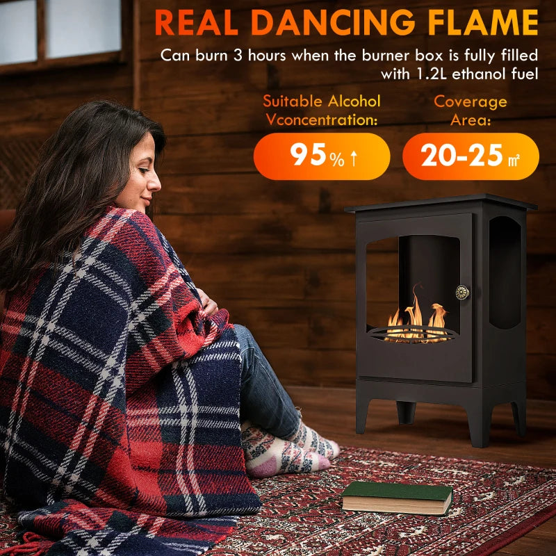 Freestanding Bioethanol Fireplace with Stainless Steel Snuffer 1.2L Tank Indoor Use Black