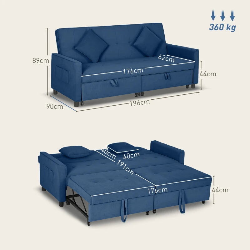 Three-Person Velvet Sofa Bed in Blue - Stylish and Comfortable Seating Solution