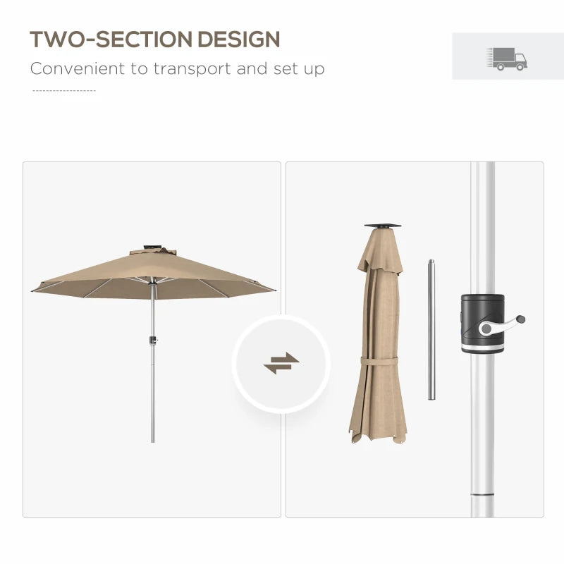 Khaki 3m Patio Umbrella with Solar-Powered LED Lights