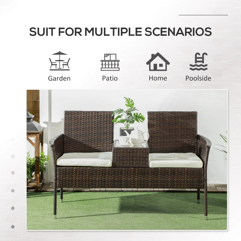Brown Rattan Two-Seat Chair with Middle Table