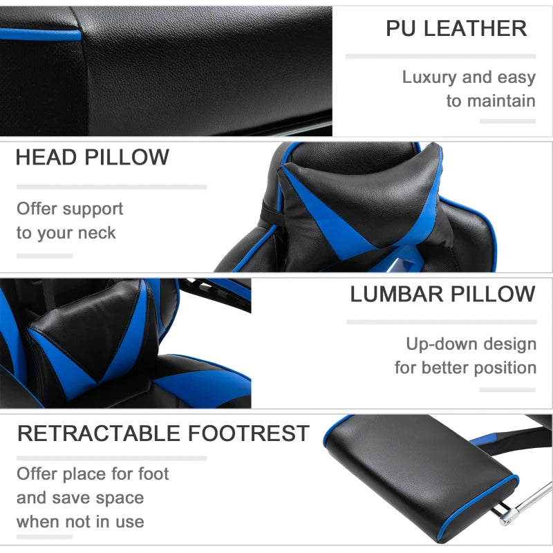 Vinsetto Blue/Black Faux Leather Reclining Gaming Chair with Footrest - Ergonomic Comfort for Gamers