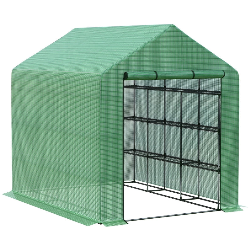 Portable Green 4 Tier Walk-in Greenhouse with Roll-up Door, 244 x 180 x 210cm