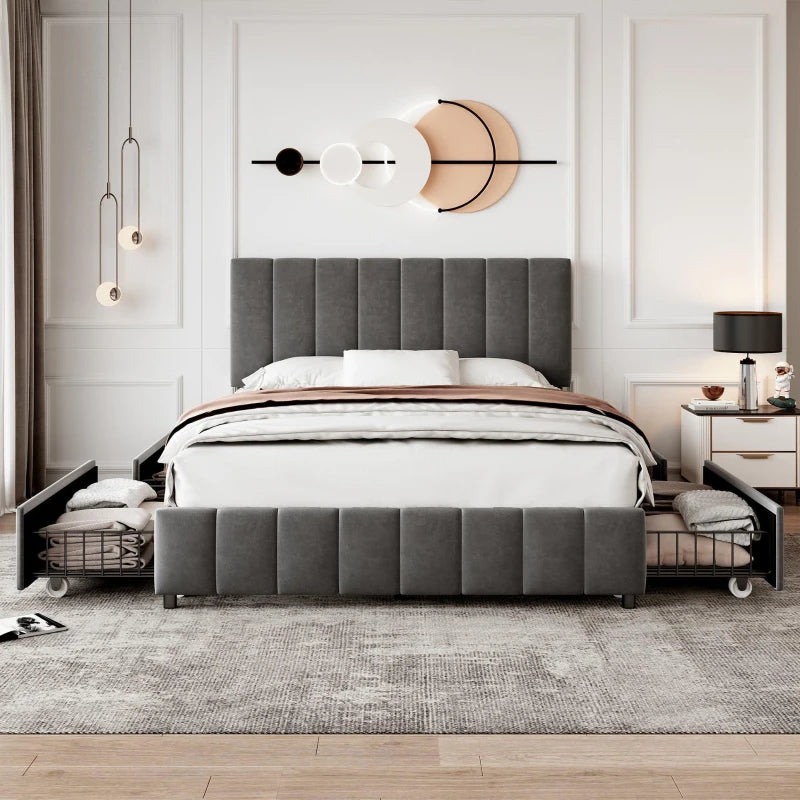 Velvet Double Bed with 4 Storage Drawers & Adjustable Tufted Headboard - Easy Assembly, Grey, 196L x 143W x 108H cm