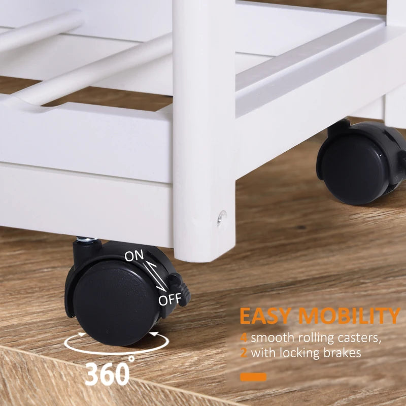 Rolling Kitchen Island Trolley Cart with Drawer, Shelves, Basket, Wheels & 6-Bottle Wine Rack - Stylish White Design