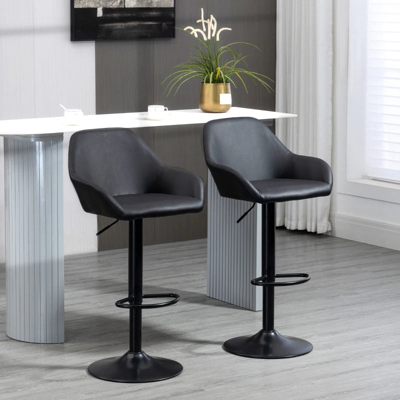 Set of 2 Adjustable Swivel Bar Stools with Backs & Armrests - PU Leather Kitchen Counter Chairs, Black