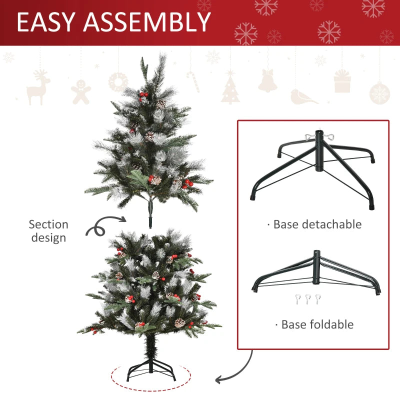 5FT Snow Dipped Christmas Pencil Tree with Red Berries & White Pinecones - Foldable Holiday Decoration for Home Parties