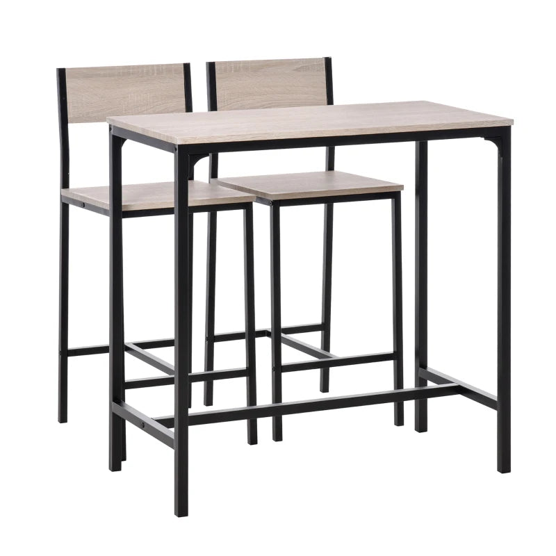 3-Piece Industrial Bar Table Set with 2 Stools, Footrest & Backrest - Perfect for Small Dining Spaces