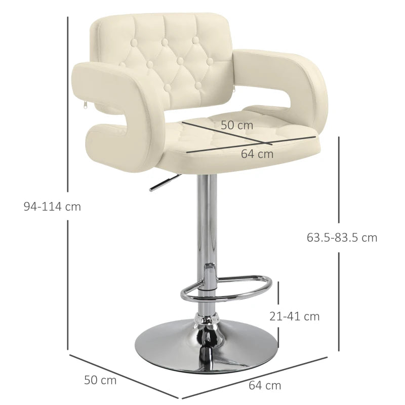 Set of 2 Upholstered Swivel Bar Stools - Height Adjustable with Back, Armrest & Footrest - Modern White Kitchen Seating