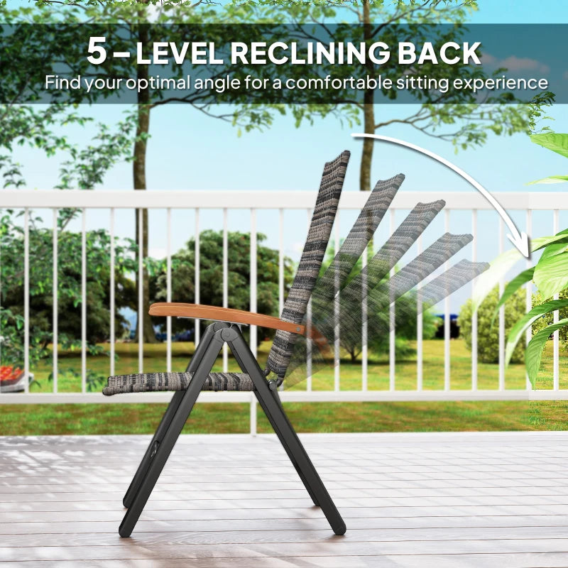 Folding Rattan Garden Dining Chair - 5-Level Reclining High Back, Wood Armrests, Outdoor Patio Furniture - Mixed Grey