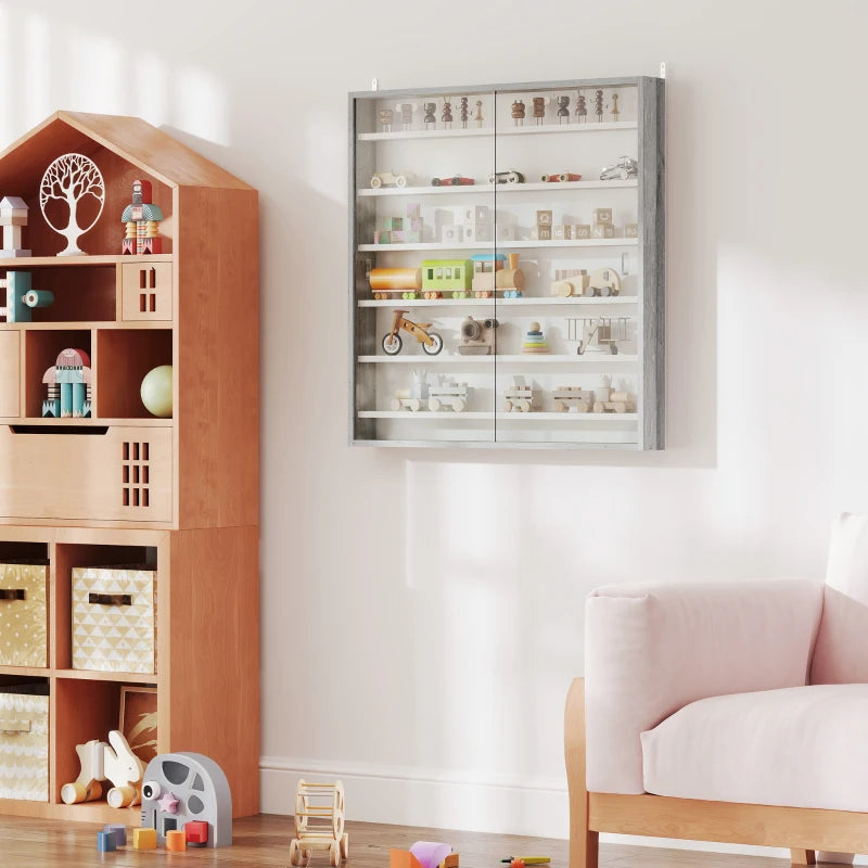 Stylish Six Shelf Display Cabinet with Glass Doors - Modern Graphite Wood Effect Storage Solution for Home or Office