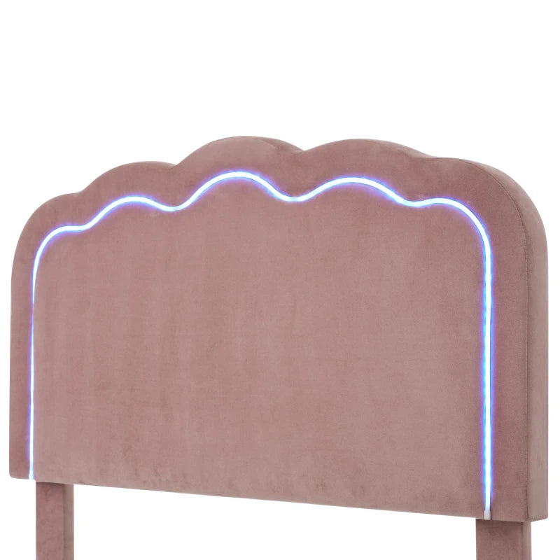 Pink Upholstered Single Bed with LED Adjustable Headboard, Velvet Frame, Wooden Slats, Easy Assembly, 197L x 101W x 109H cm