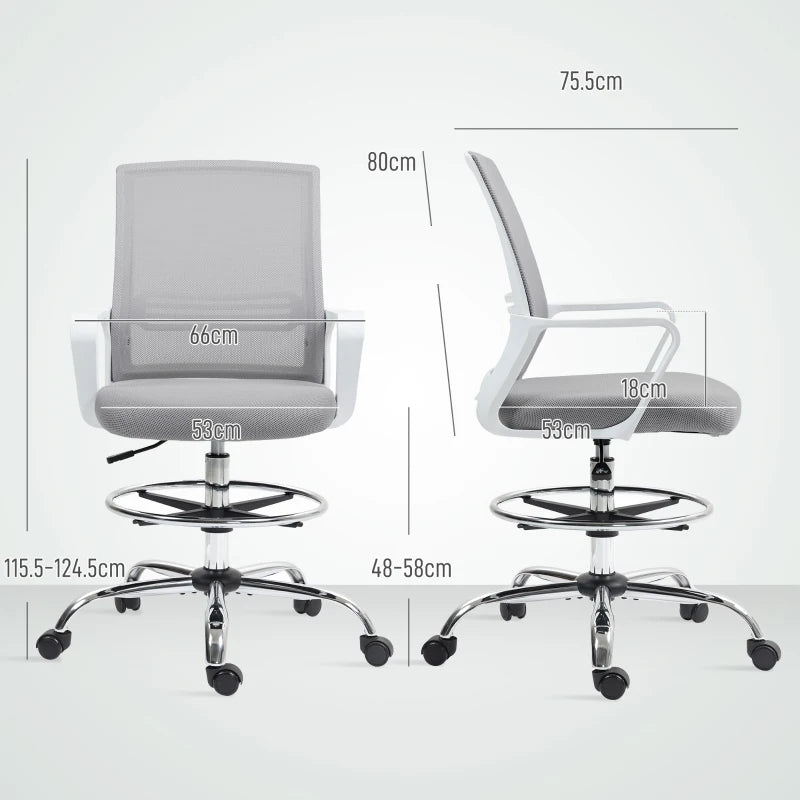Ergonomic Draughtsman Chair - Mesh Drafting Office Chair with Lumbar Support & Adjustable Foot Ring - Grey
