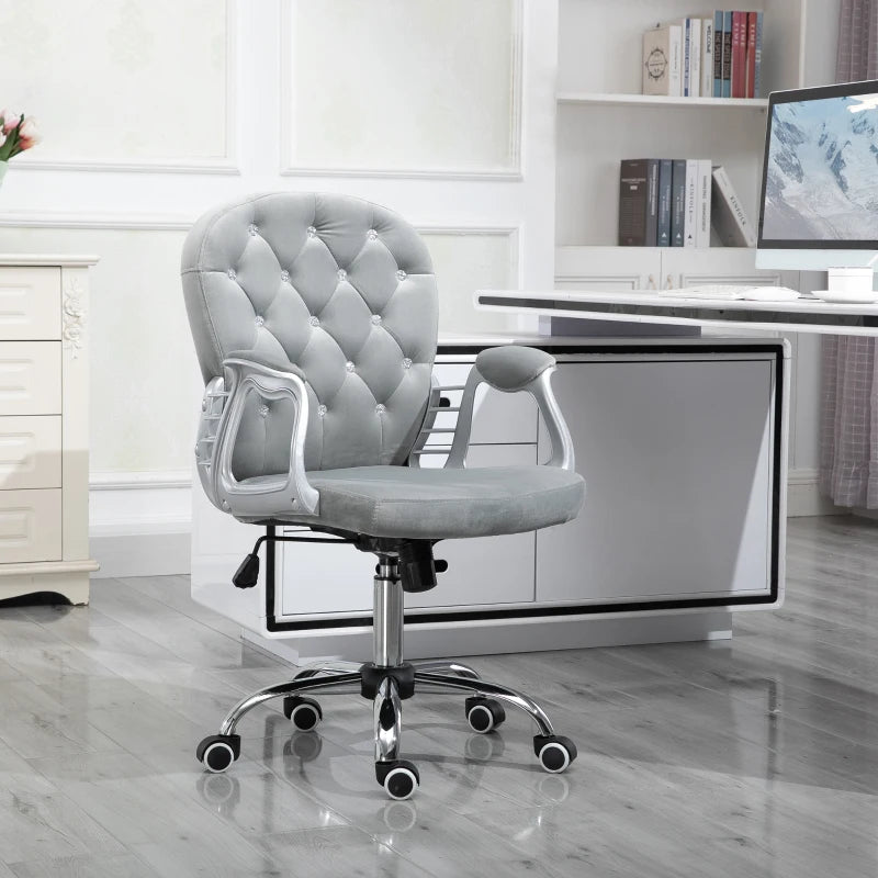 Vinsetto Grey Velvet Office Chair - Swivel Desk Chair with Adjustable Height & Rolling Wheels for Home & Study