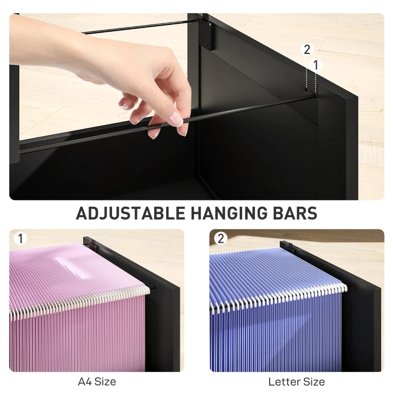 Secure 4 Drawer Filing Cabinet with Lock - Adjustable Hanging Bars for A4 Files - Stylish Black Office Storage Solution