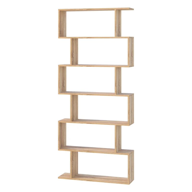 6-Tier S-Shaped Bookcase - Stylish Oak Storage Unit & Display Shelf for Living Room, Bedroom, Home Office, Plants
