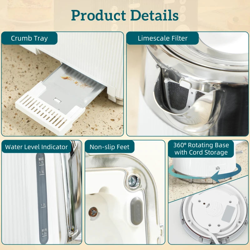 Electric Stainless Steel Kettle & Toaster Set - 3000W Fast Boil 1.7L Kettle with Strix Thermostat & 4 Slice Toaster, White