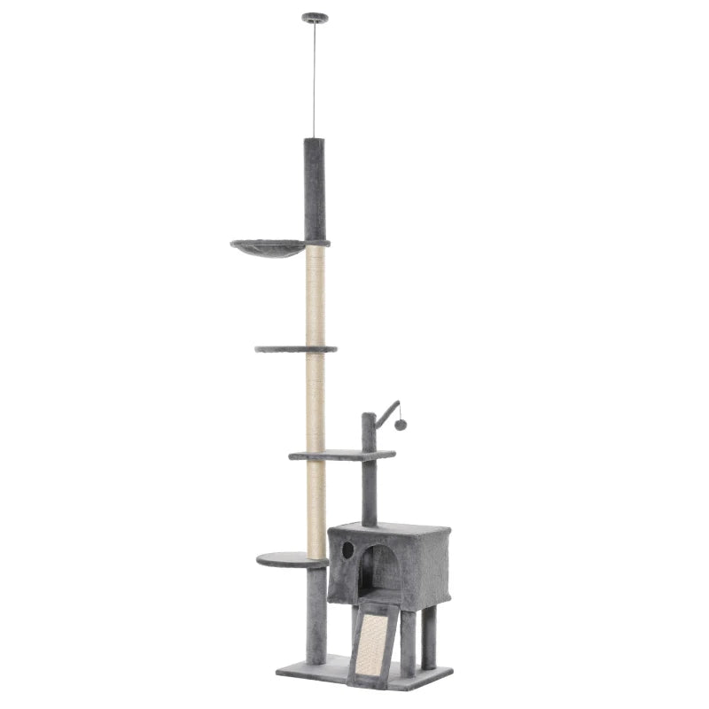 270cm Cat Tree for Indoor Cats - Floor to Ceiling Scratching Post with Hammock & Hanging Ball - Grey Activity Center