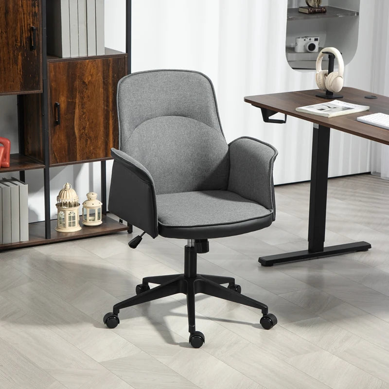 Stylish Grey Linen and Faux Leather Office Chair - Ergonomic Design for Home and Office Use
