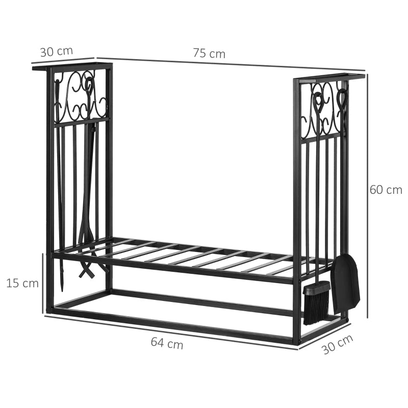Steel Firewood Log Holder Rack - Indoor Outdoor Fireplace Wood Storage with Tools, Hooks, Rust-Resistant, Black, 75L x 30W x 60H cm