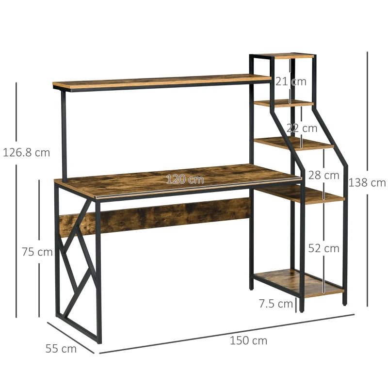 Industrial Computer Desk with Bookshelf - 6-Tier Storage Shelves for Home Office, Bedroom & Study - Rustic Brown, 150x55x138cm