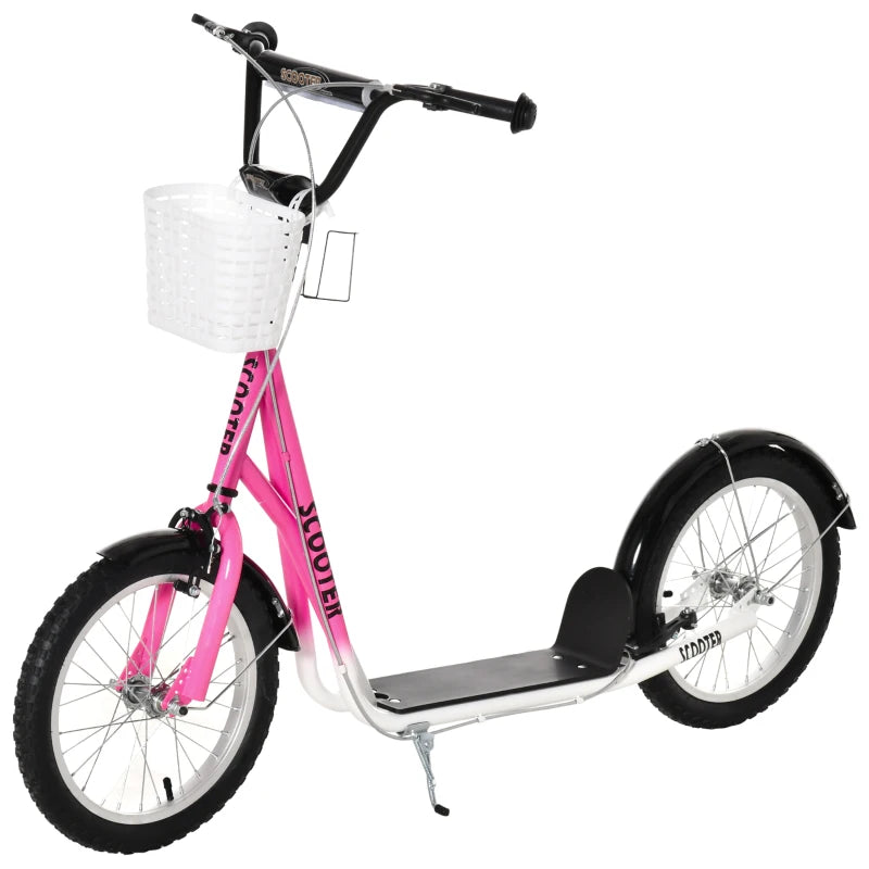 Kids Kick Stunt Scooter with Adjustable Handlebar, Dual Brakes, Basket & Cupholder, 16" Inflatable Wheels, Pink for Ages 5-12