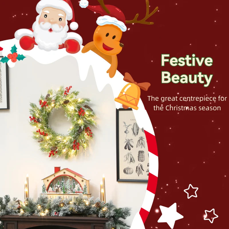 60 cm Prelit Christmas Wreath - Realistic Branches, 30 Warm White LEDs, Timer, Battery Operated Door Decor