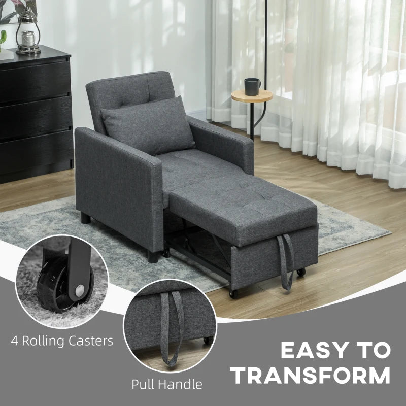 Convertible 3-in-1 Chair Bed with Adjustable Backrest, Pillow and Footrest for Living Room in Dark Grey