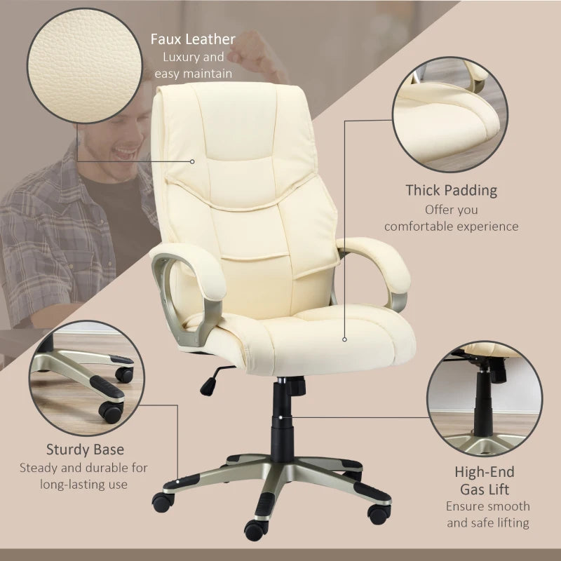 High Back Home Office Chair - Adjustable Cream White Faux Leather Desk Chair with Rocking Function